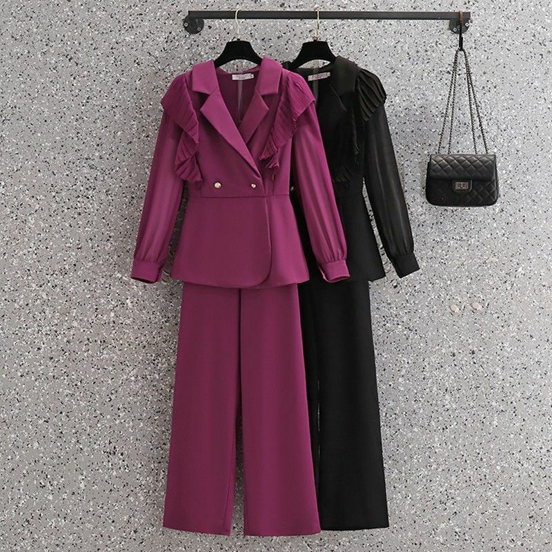 Conjunto de duas peças de temperamento feminino, terno de verão e primavera, calça e top casual, borda de babado fashion, edição coreana