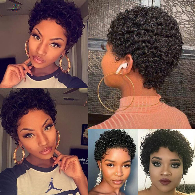 Short Jerry Curly Wig Afro Curly Piexie Cut Full Machine Wig for Women African Americans Natural Black 100% Human Hair Wig