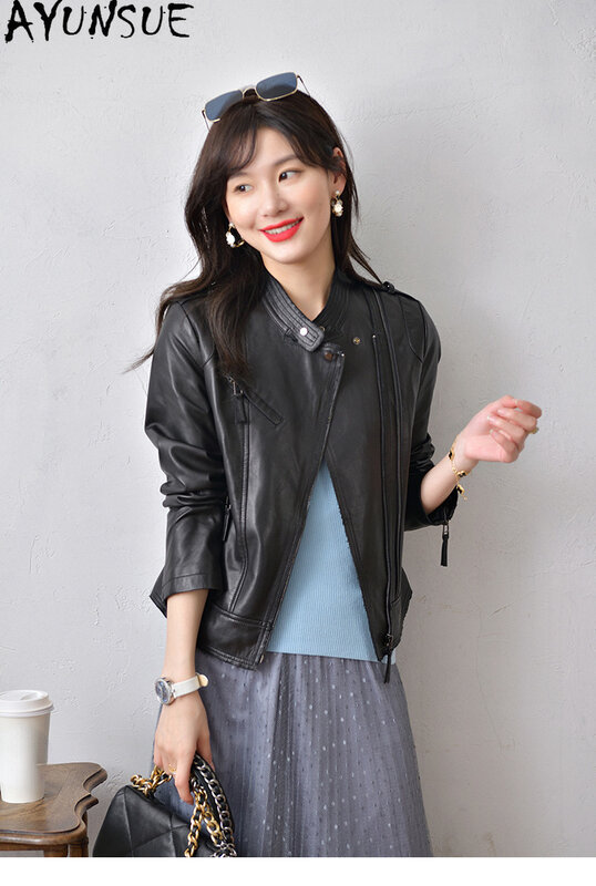 AYUNSUE 여성용 진짜 가죽 재킷, 짧은 슬림 가죽 재킷, 스탠딩 칼라, 실제 양가죽 코트, 2023 신상 패션