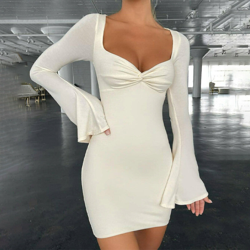 New Solid Color Low Neck Wrap Hip Dress Slim Fit Flare Long Sleeve Sexy Slim Fit Celebrity Simple Style Casual Party