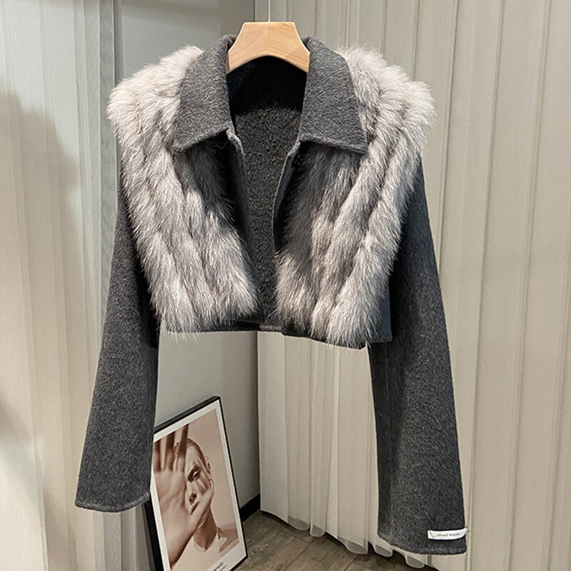 Abrigo corto de lana de Cachemira para mujer, chaqueta con cuello de piel de zorro Natural, ropa de abrigo femenina, Otoño e Invierno