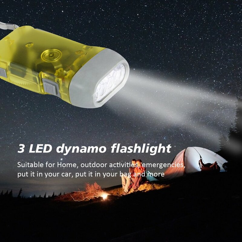 Portátil ultra-brilhante mão pressionando manivela Dynamo, Wind Up lanterna, tocha luz, Camping lâmpada, luz de energia, 3 LED