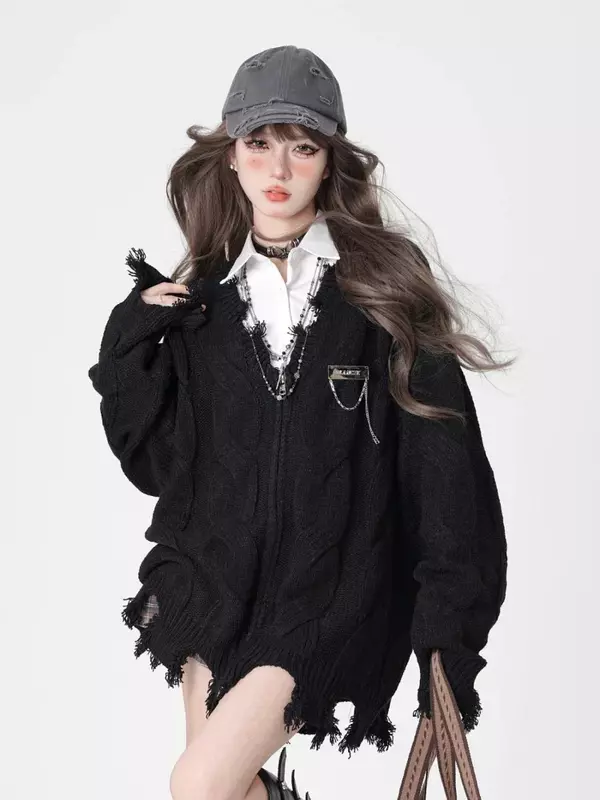 Deeptown-Cardigan gothique torsadé noir Y2K pour femme, pull vintage Harajuku avec fermeture éclair, pull aéré, grunge, évider, Y-coréen