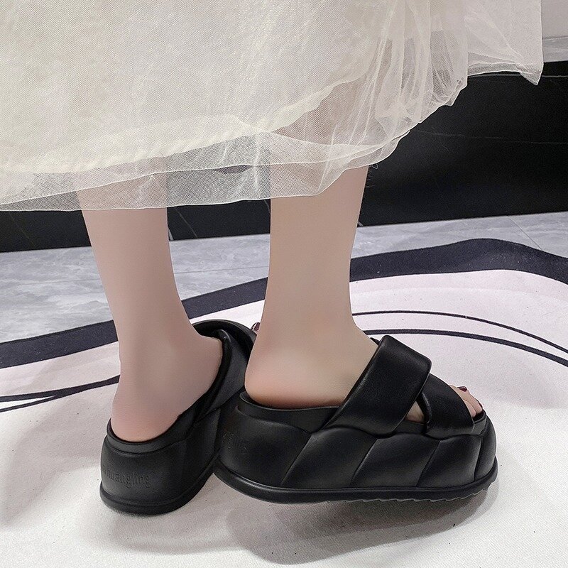 High Platform Slippers For Women Open Toe Leather Wedges Chunky Sandals New Summer soft Thick Bottom Female Beach Flip Flops 9CM