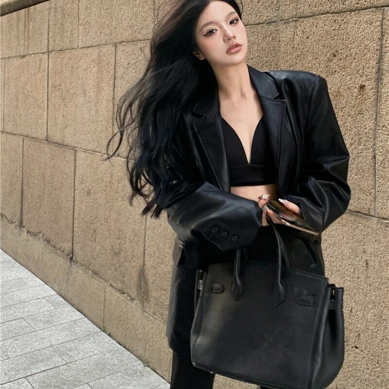 Women Faux Leather Blazers Jackets Vintage Classic Solid Loose Lapel Coats Female Outerwear Winter Long Sleeve Leather Suits