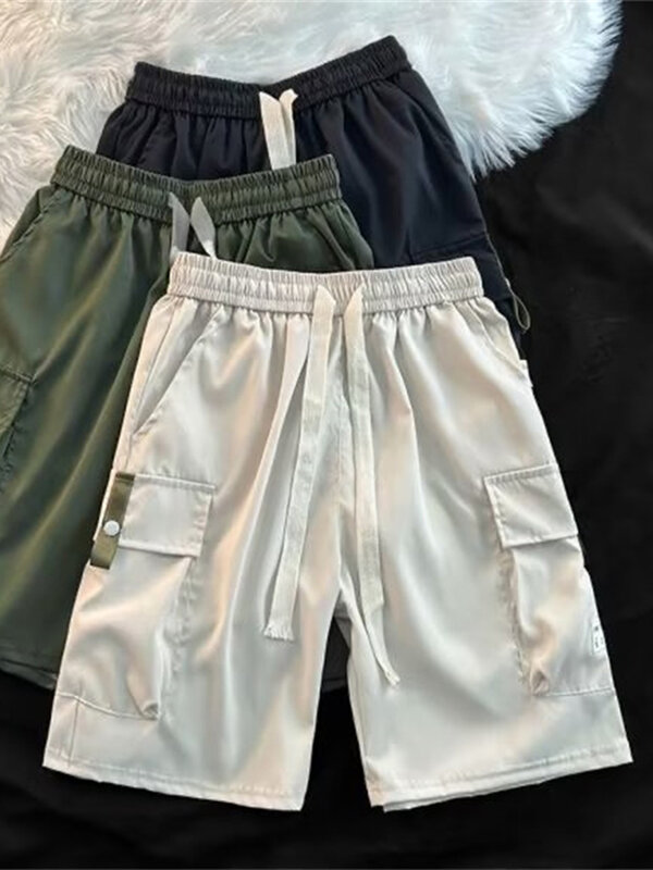 Pantalones cortos deportivos elásticos para hombre, pantalón ligero con bolsillos grandes, Color sólido, talla grande E172, verano y primavera