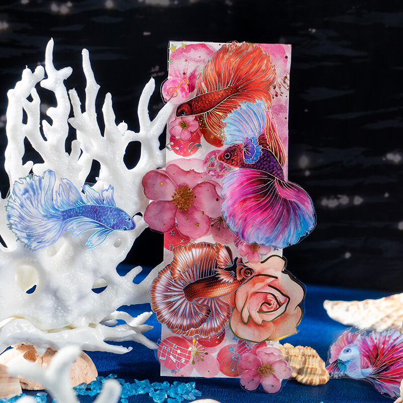 2ชิ้น/ถุงเลเซอร์สีสติกเกอร์กันน้ำ Creative Art Ocean Fish คู่มือตกแต่ง DIY สติกเกอร์เครื่องเขียนสุนทรียศาสตร์