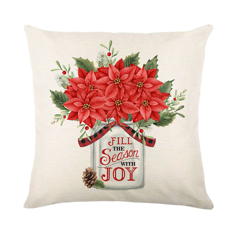Christmas Tree Poinsettia Floral Cushion Pillows Cover 18 Inches Xmas Linen Cushion Cover Lovely Animals Print Throw Pillowcase