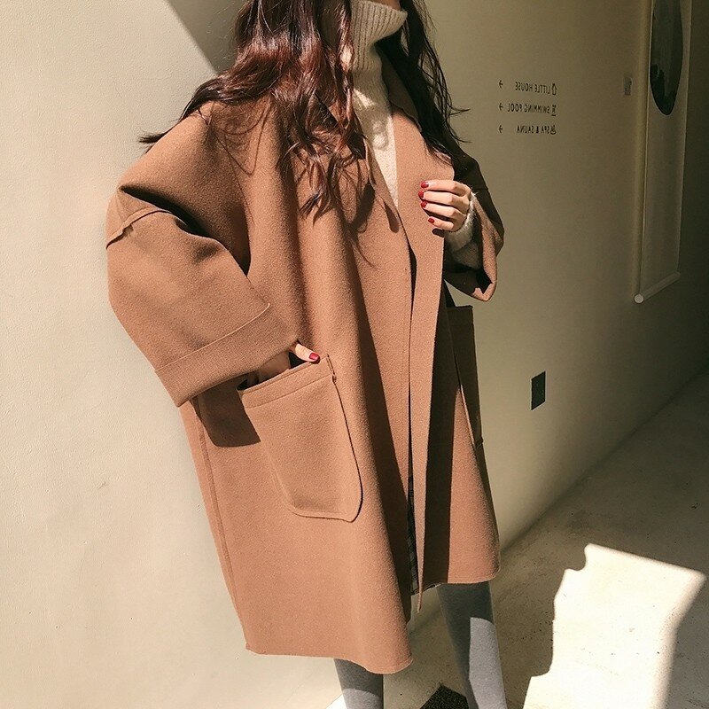 المرأة أنيقة الصوفية منتصف طول خندق معطف ، سترة خمر ، بدوره إلى أسفل طوق ، فضفاضة سترة ، حجم كبير ، 4XL ، الشتاء