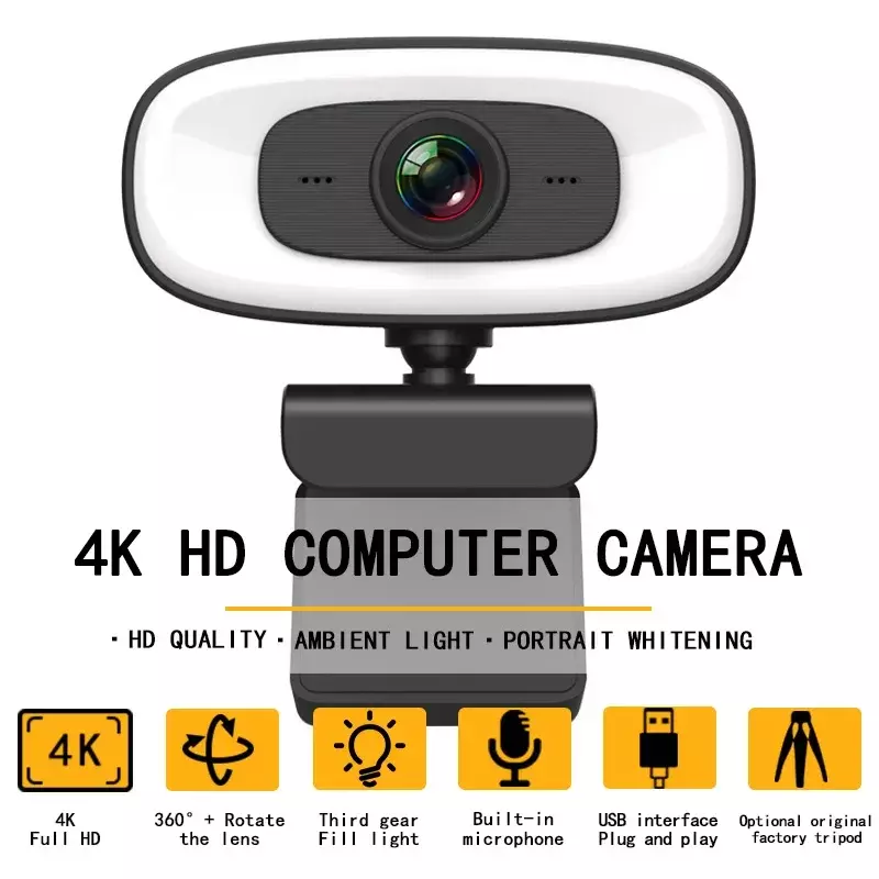 Webcam Full HD com Microfone, USB, Web Cam, Câmera de Vídeo Portátil, 4K, 1080P, 2K, 15-30FPS, Laptop, Youtube