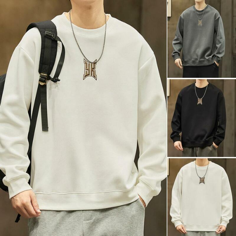 Men Casual Pullover Top Men's Crew Neck Sweatshirt with Long Sleeve Solid Color Pullover Embroidery Detail Thick Warm for Fall