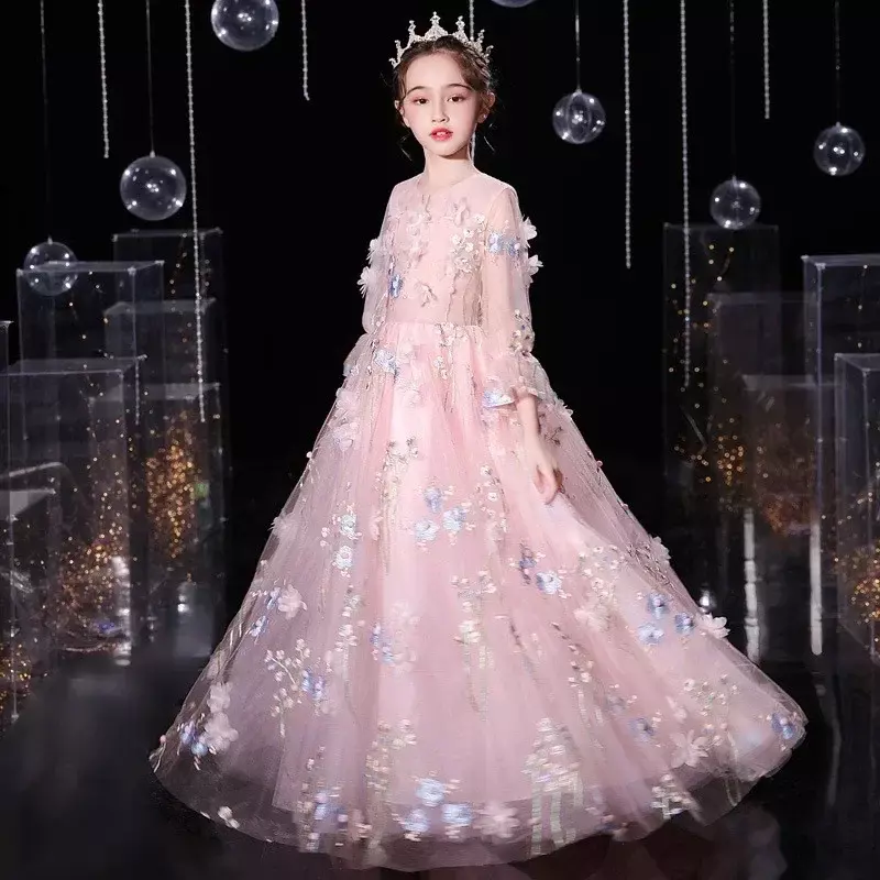 Новинка 2024, детское розовое пушистое платье с цветами для больших мальчиков и принцесс, платье для выступлений и представлений