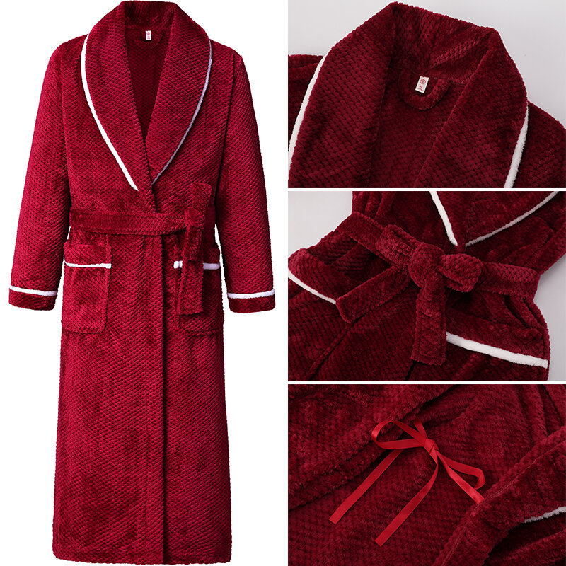 Plus Size Thicken Flannel Lapel long Robe Men's Warm Kimono Bathrobe Winter Autumn Sleepwear with Pocket Lounge Wear 3XL 4XL