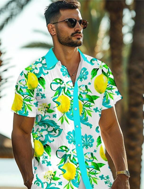 Lemon Tropical Men's Resort Hawaiian 3D Printed Shirt Button Up Short Sleeve tee Summer Beach Shirt Vacation Daily Wear S TO 5XL