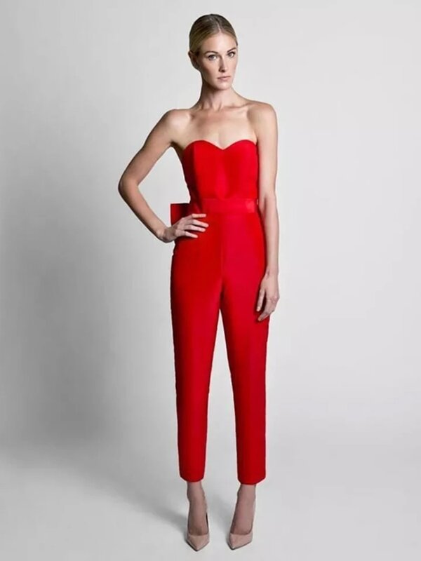 Red jumpsuit evening dress paired with detachable skirt, sweet formal pants set, ball dress, bow, sleeveless
