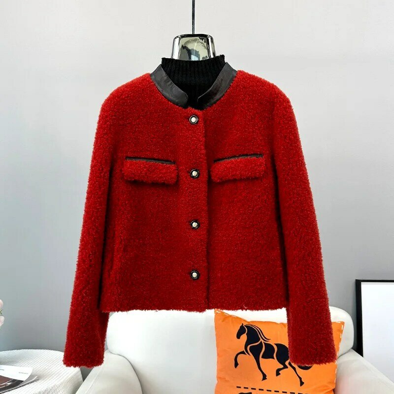 Casaco de lã de cordeiro shearling para mulheres, casaco grosso quente, pele real, estilo curto, novo, inverno, JT3417, 2023