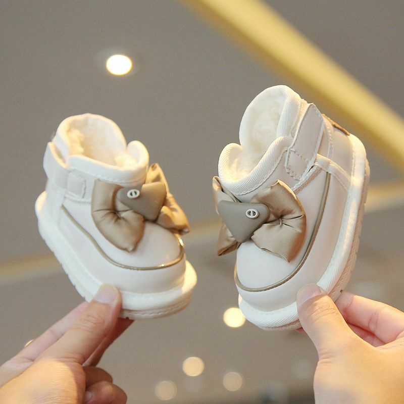Child Shoe Girl Soft Soled Cotton Shoe Plush Walking Shoes Anti Slip Snow Boots High Top Leather Boots Large Bow Princess Shoes