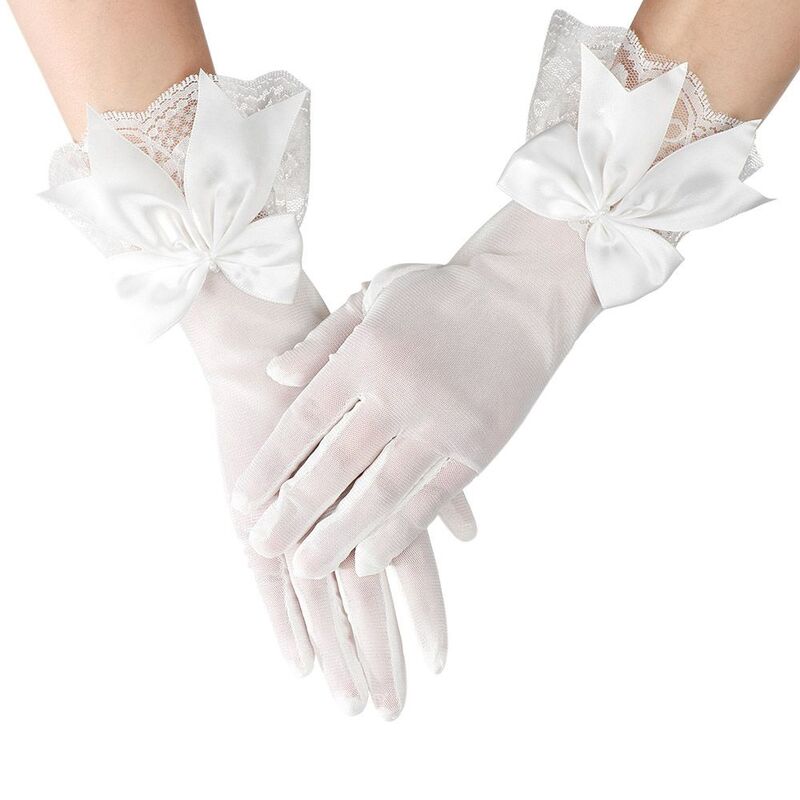 Белые атласные перчатки для невесты, кружевные свадебные перчатки с бантом, свадебные перчатки, перчатки для свадебного платья, аксессуары для ручного свадебного платья