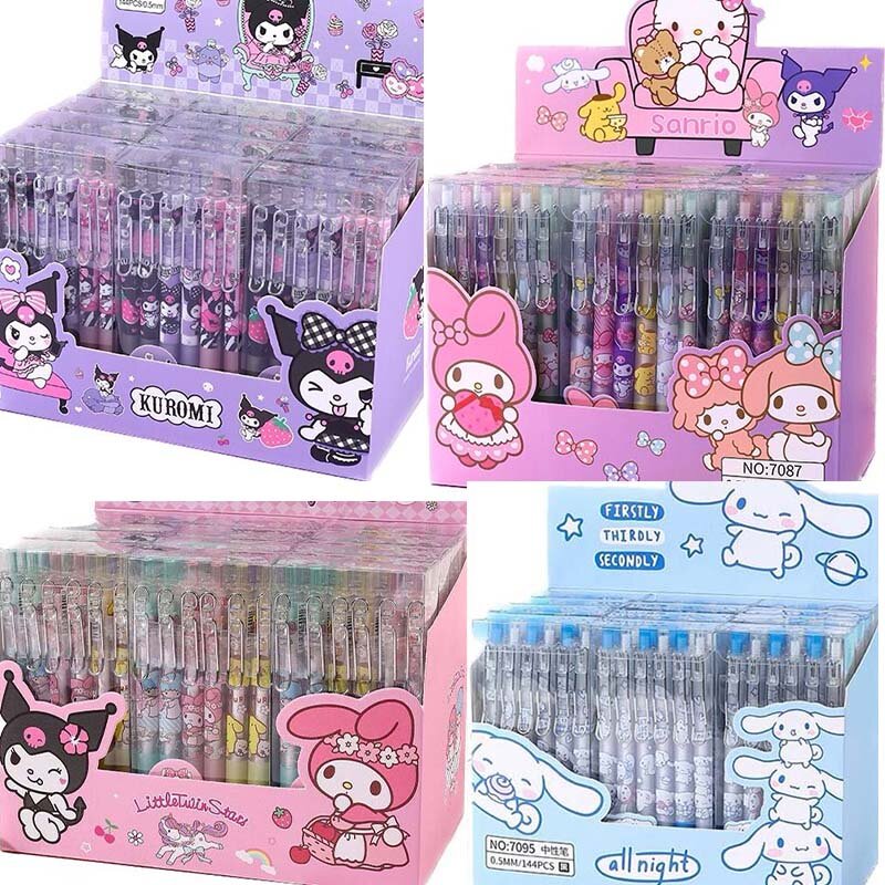 SANRIO ปากกาหมึกเจลการ์ตูนน่ารัก, 12ชิ้นเครื่องเขียนลาย Hello Kitty Kuromi Cinnamoroll 0.5สีดำพร้อมตะขอโลหะปากกาเขียนในสำนักงานน่ารัก
