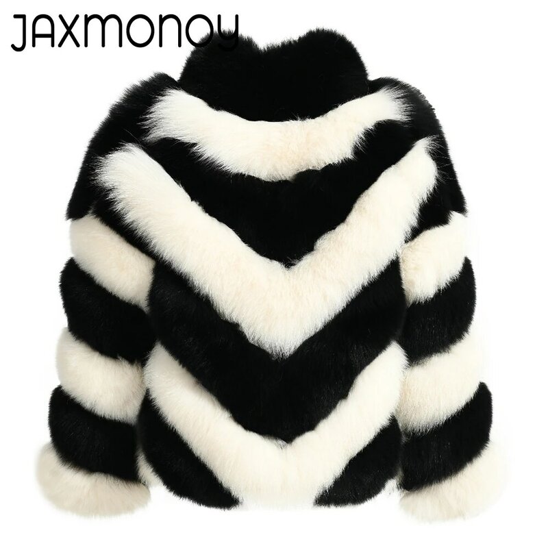 Jaxmonoy mantel bulu rubah asli untuk wanita keluaran baru jaket bulu alami motif garis mode pakaian luar lengan penuh musim gugur musim dingin