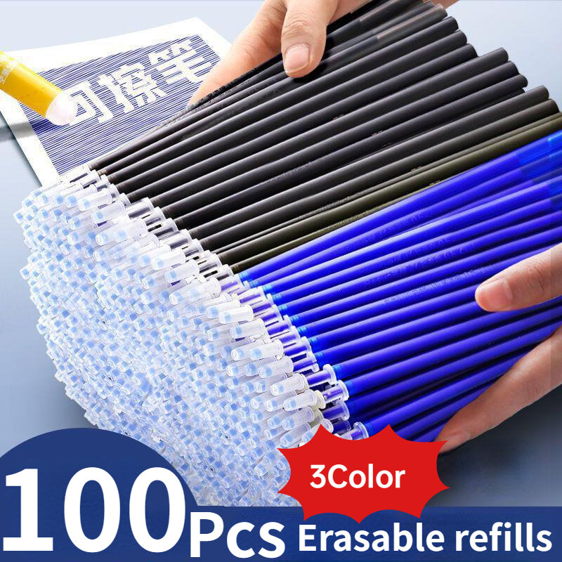 100Pcs Erasable Gel Pen Refill Rod set 0.5mm Blue/Black/Red Ink Erasable Pen Washable Handle Office School Stationery Writing