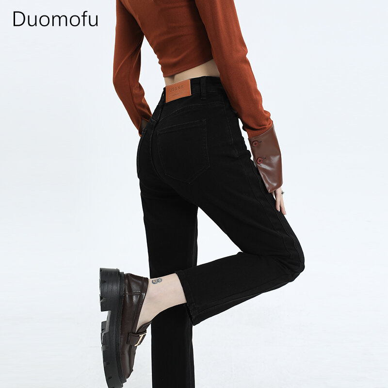 Duomofu-Vaqueros informales ajustados de cintura alta para mujer, Vaqueros básicos coreanos con botón de cremallera, sencillos, clásicos y rectos, otoño
