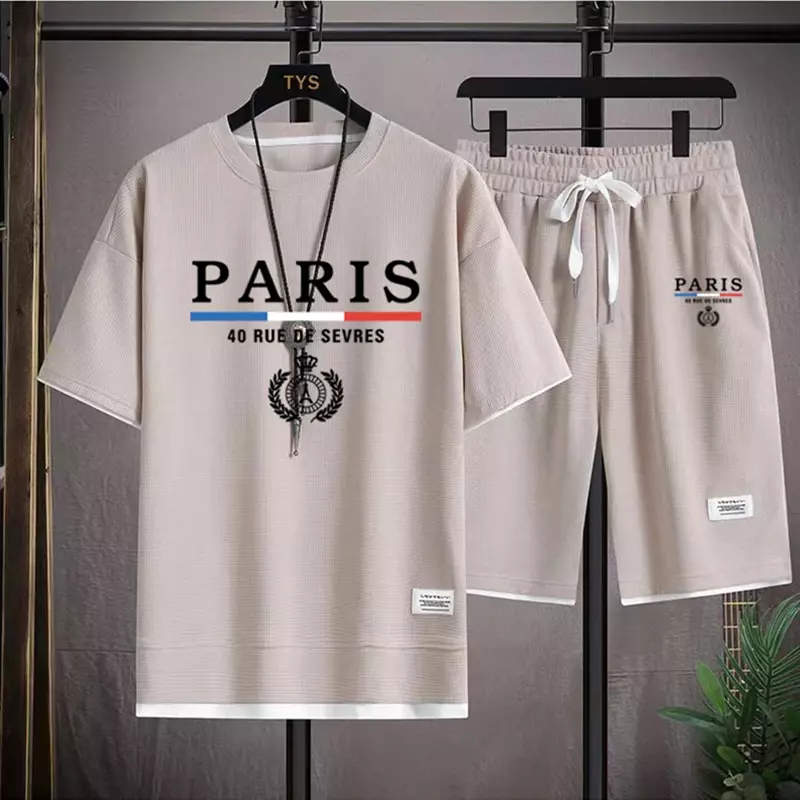 Conjunto de gofres para hombre, camiseta informal coreana y pantalones cortos, 2 conjuntos, conjunto deportivo de verano, conjunto suelto, ropa