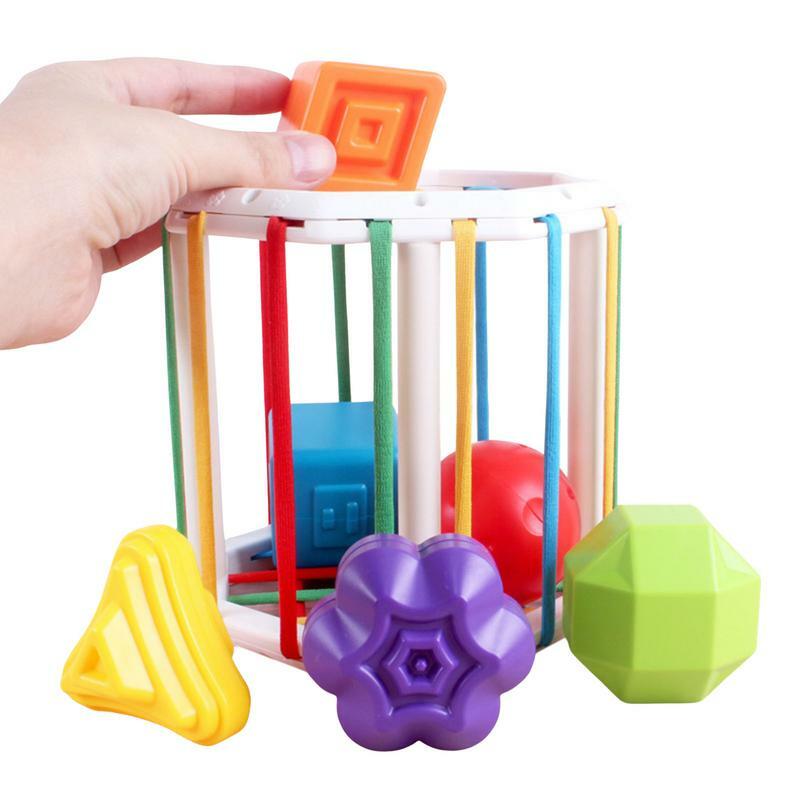 Juguete de clasificación de forma de bebé, juguete de clasificación con bandas elásticas, cubos octagonales, 6 piezas, forma multisensorial, niños de 1 a 2 años