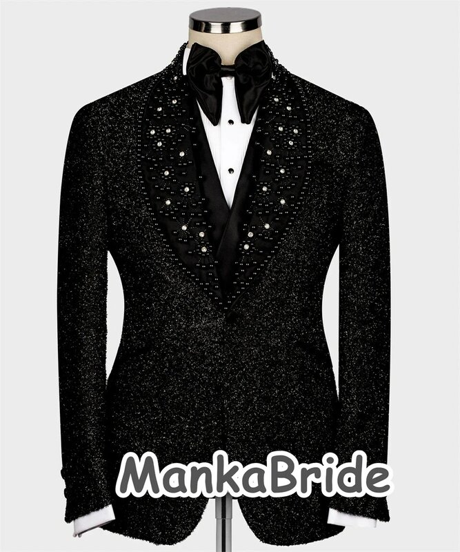 Luxe Mannen Bruiloft Bruidegom Pakken Glitter Lurex Zwart Blazer Vest Broek 3 Stuks Business Prom Party Jurken