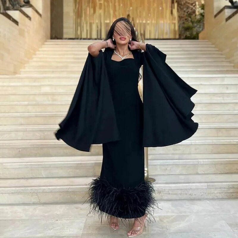 Feather Black Prom Dress With Draped Sleeves 2024 Square Neck Feathers Women Party Wear Formal Dresses Special Evens