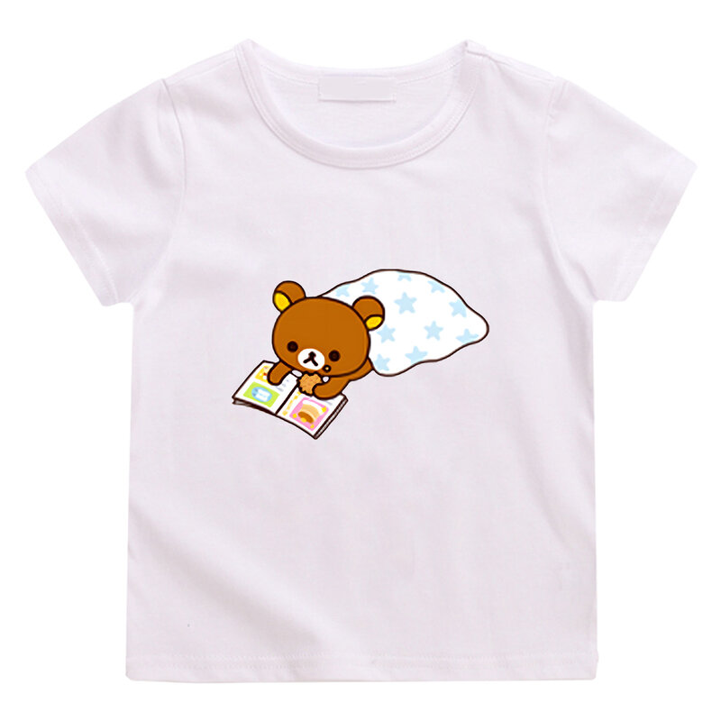 Camiseta de impressão do urso de rilakkuma 100% algodão manga curta camiseta de verão para meninos/meninas crianças confortável camiseta kawaii