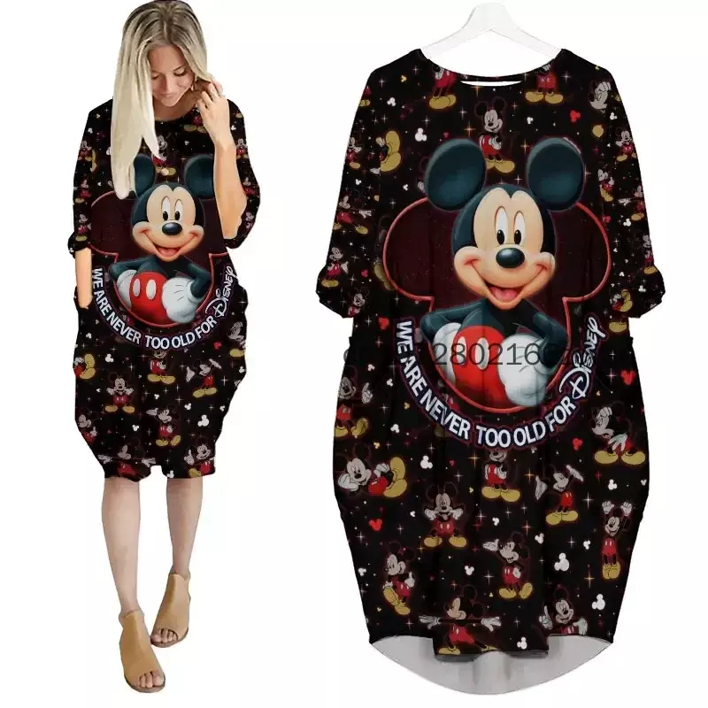 Minnie Mouse Oversize Long Sleeves Pocket Dress Disney Cartoon Batwing Pocket Dress Women's Fashion Versatile Loose Party Dress