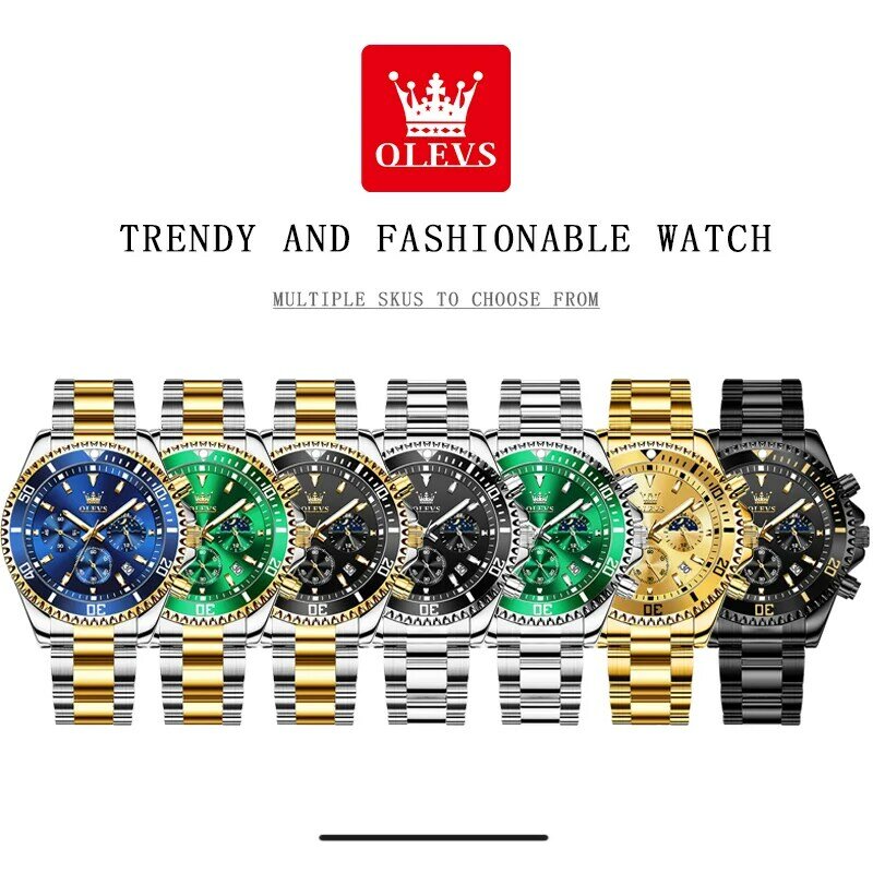 Topmarkowe zegarki męskie OLEVS modne modne w stylu pilota oryginalny zegarek na rękę dla mężczyzny wodoodporny chronograf fazy świecący księżyc