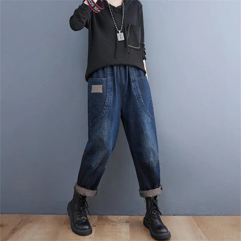 Calça jeans vintage casual feminina, streetwear coreano, cintura alta reta, grandes dimensões, comprimento do tornozelo, jeans harém, folgadas, 90kg