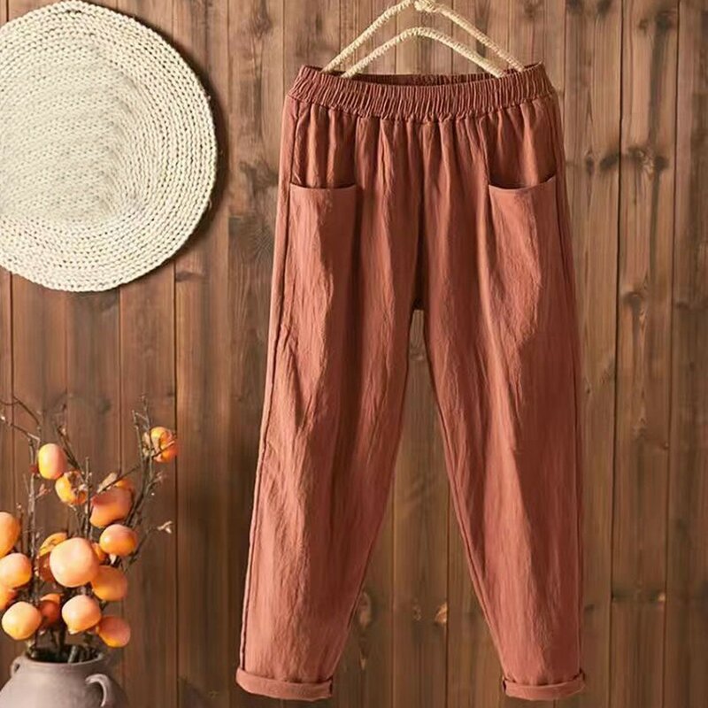 Cotton Linen Harem Pants Women's Solid Pocket Casual Pants 2023 Summer Loose Thin Female Trousers Pantalones