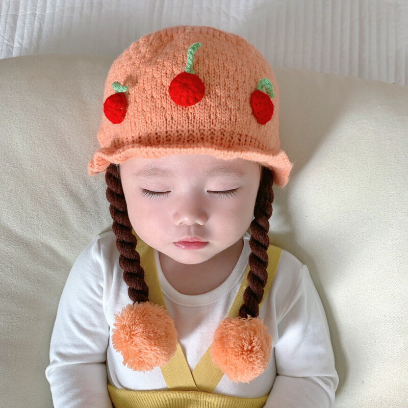 Baby gestrickt Prinzessin Hut niedlichen Cartoon Kirsche Perücke Geflecht Winter Gehörschutz warme wind dichte Mütze für Party