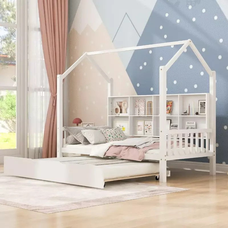 سرير منتجع حديث للأطفال مع عارضة ، ينام سقف ثلاثي ، رفوف مزدوجة ، مساحة تخزين ، إطار صلب