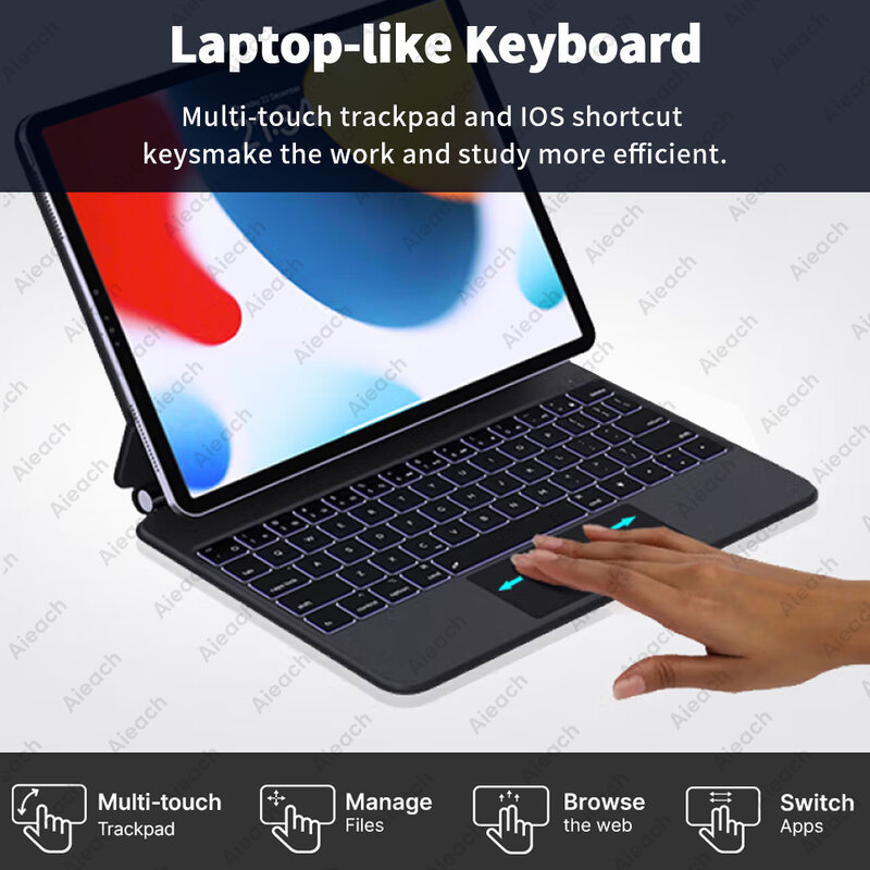Keyboard ajaib untuk iPad, Keyboard Bluetooth portabel, lampu latar Arab Portugis, Keyboard untuk iPad generasi ke-10 Pro 11 Air 4 5