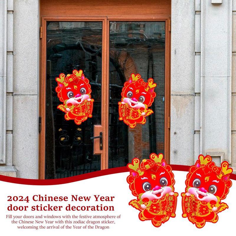 Stiker dinding gambar Tahun Baru 1 pasang, stiker Decal pintu kartun zodiak gaya China untuk Festival Musim Semi