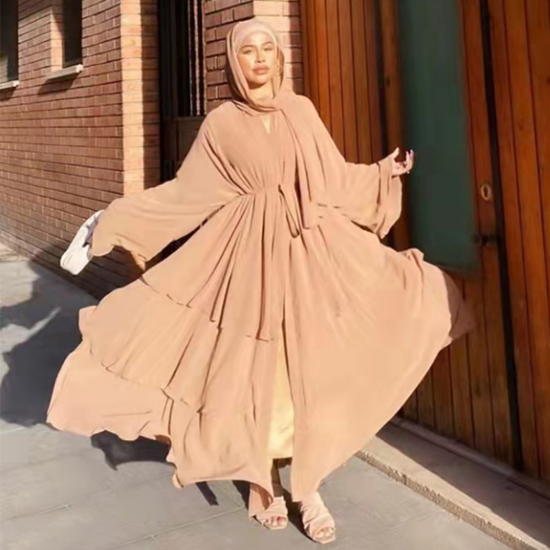 Moda costura de três camadas chiffon elegante cardigan vestido muçulmano cor sólida robe hijab tunique femme musulman