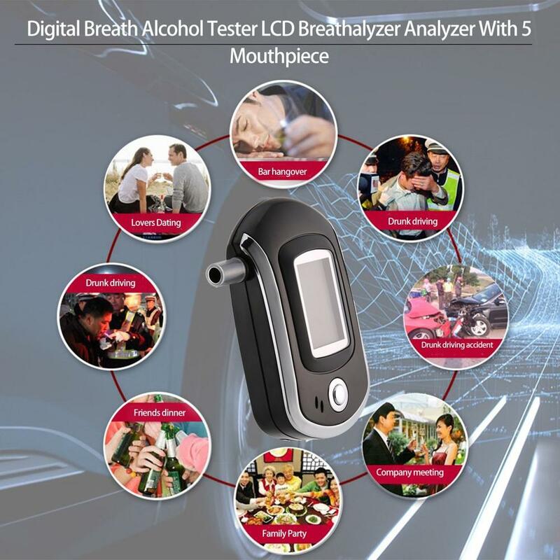 Hete Digitale Adem Alcohol Tester Lcd Analysator Met 5 Mondstuk Hoge Gevoeligheid Professionele Snelle Reactie At6000