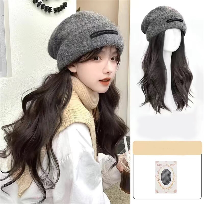 Wig Women's Long Hair Hat Wig Fashion Highlights Fog Long Curly Hair Big Waves Winter Thick Wool Knitted Wig Hat