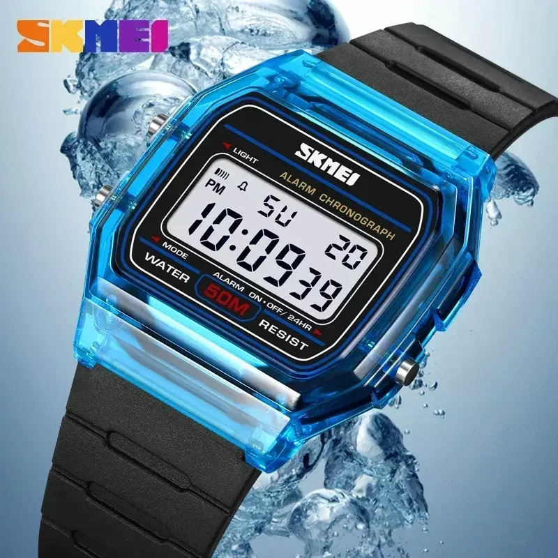 Skmei-relógio de pulso digital com alça transparente tpu para mulheres, à prova de choque, luz traseira, cronômetro, 2056