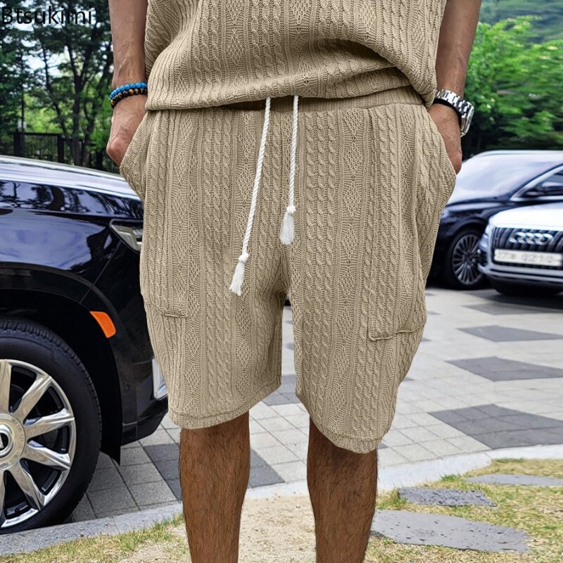 Celana pendek lurus Jacquard Fashion kasual pria baru musim panas celana panjang pantai longgar katun kualitas tinggi celana Fitness Pria