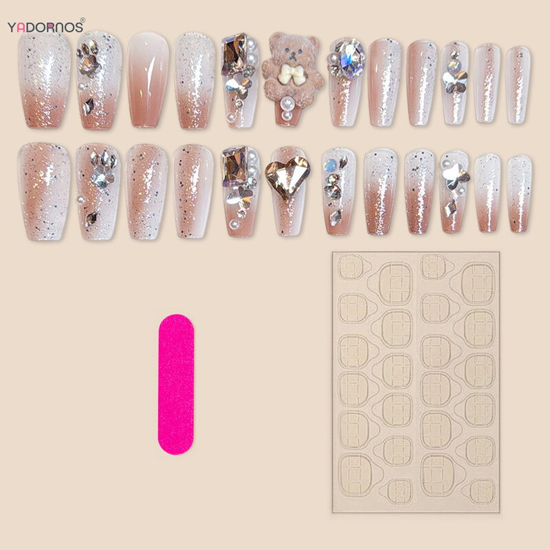 Long Coffin Press on Nails con Cartoon Bear strass progettato Glitter unghie finte suggerimenti per unghie finte riutilizzabili indossabili per ragazze