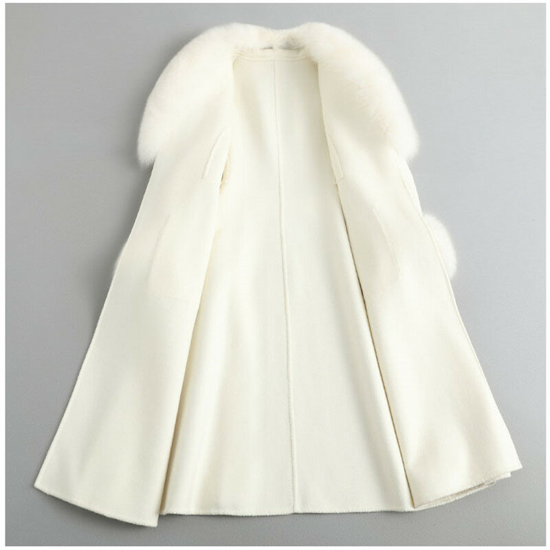 ピュア-女性用のウールブレンドオーバーコート,キツネの毛皮の襟,ベルトコートct2133