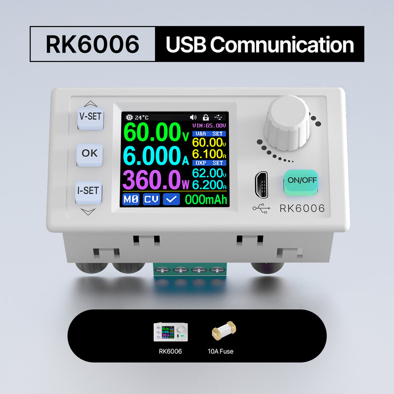RK6006-BT التصنيع باستخدام الحاسب الآلي المباشر الحالي ينظم امدادات الطاقة 60 فولت 6A 4 أرقام الاتصالات قابل للتعديل تيار مستمر إلى تيار مستمر تنحى الجهد مقاعد البدلاء