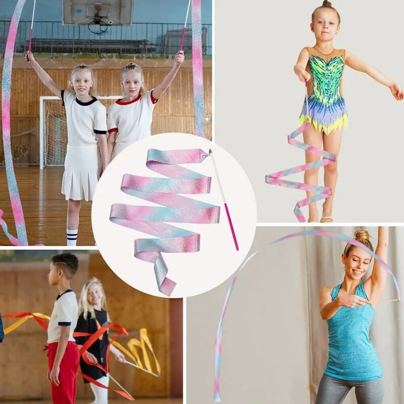 2M/4M pita tari balet senam seni dengan stik putar anak Strip pentas olahraga Glitter kelap-kelip peraga panggung
