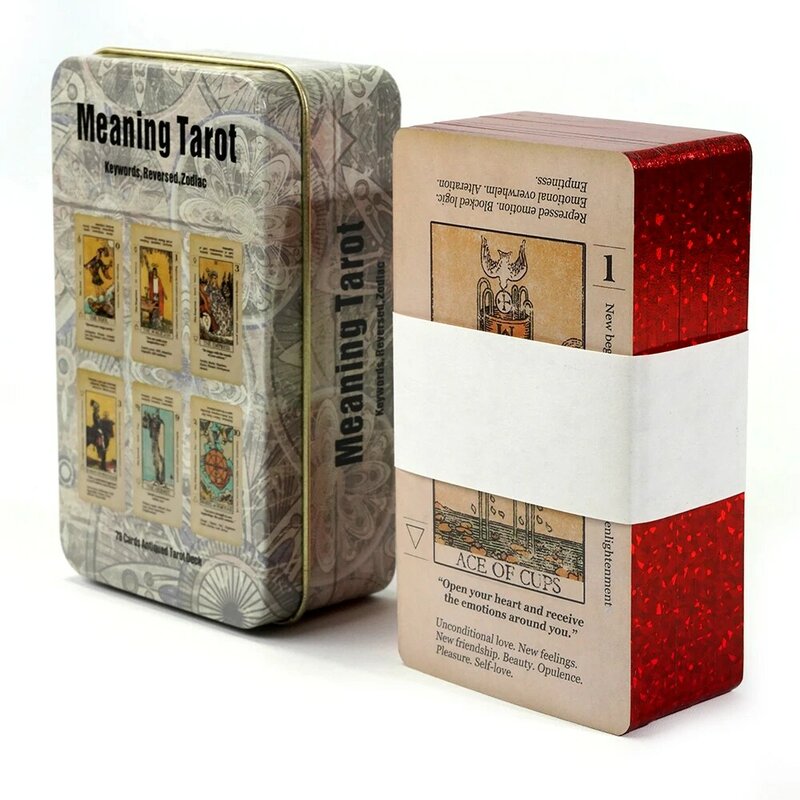 Cartas de Tarot para principiantes, tarjetas de aprendizaje de Tarot Witchy para principiantes, con significado en una caja de Metal de estaño, borde chapado en oro, 10,3x6cm