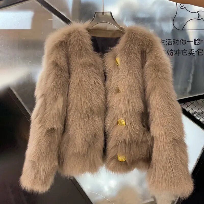 Płaszcz ze sztucznego futra kobiet jesień zima 2022 nowy wysokiej klasy moda pluszowa imitacja futra lisa kurtka krótki luźny, gruby codzienna odzież wierzchnia